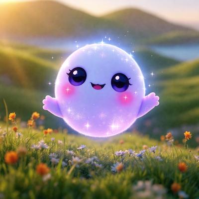 The primary subject of the image is a purple, glowing, and cute character, possibly a cartoon or anime character, standing in a grassy field with flowers. The setting is a lush green hillside, and the visual style appears to be a combination of photo and digital art. The colors and mood of the image are vibrant and cheerful, with the purple character and the flowers creating a sense of happiness and playfulness.